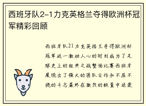 西班牙队2-1力克英格兰夺得欧洲杯冠军精彩回顾