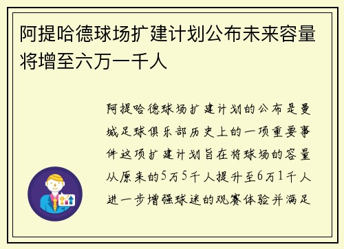 阿提哈德球场扩建计划公布未来容量将增至六万一千人